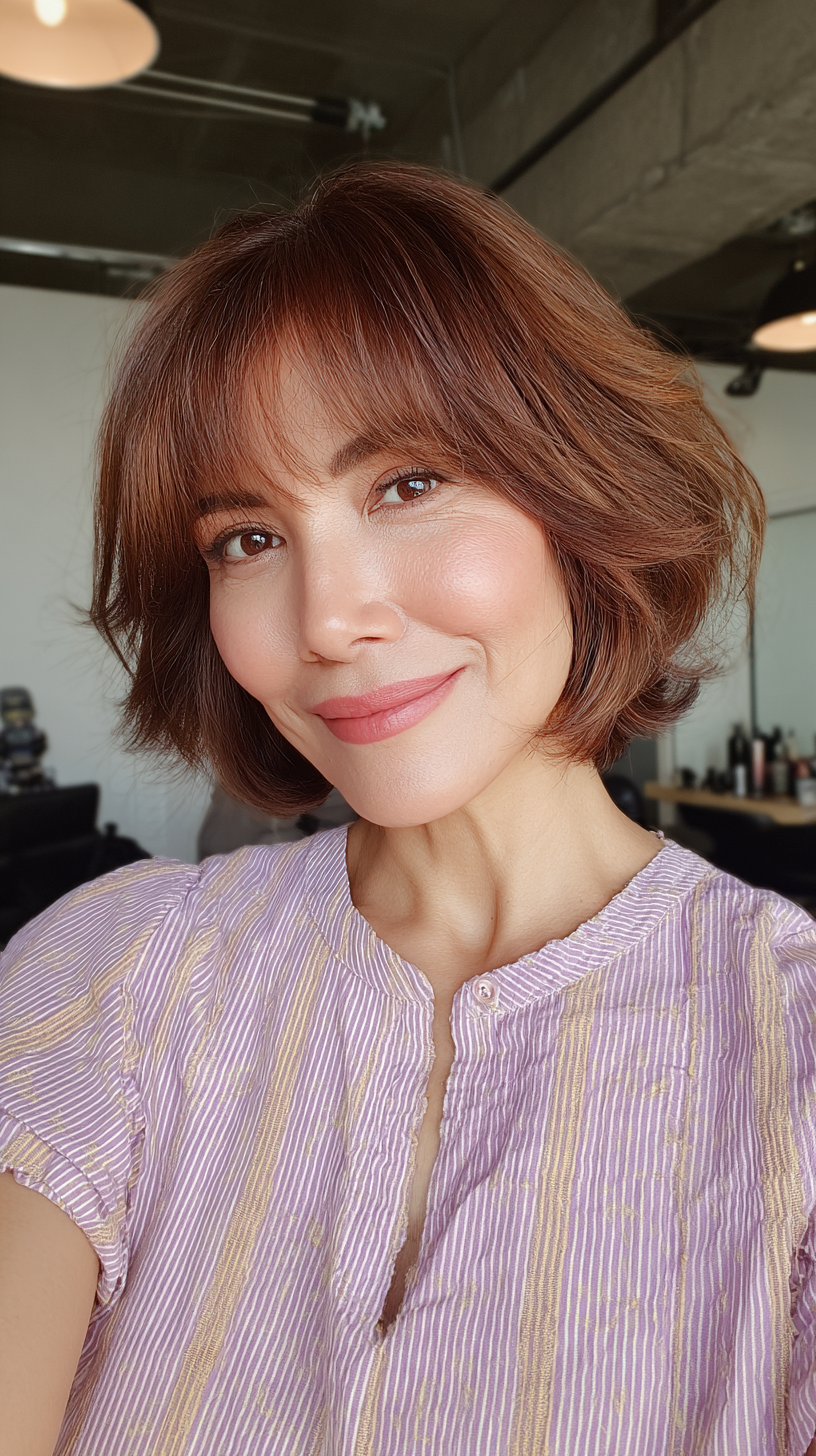 Textured Chestnut Bob with Soft Bangs