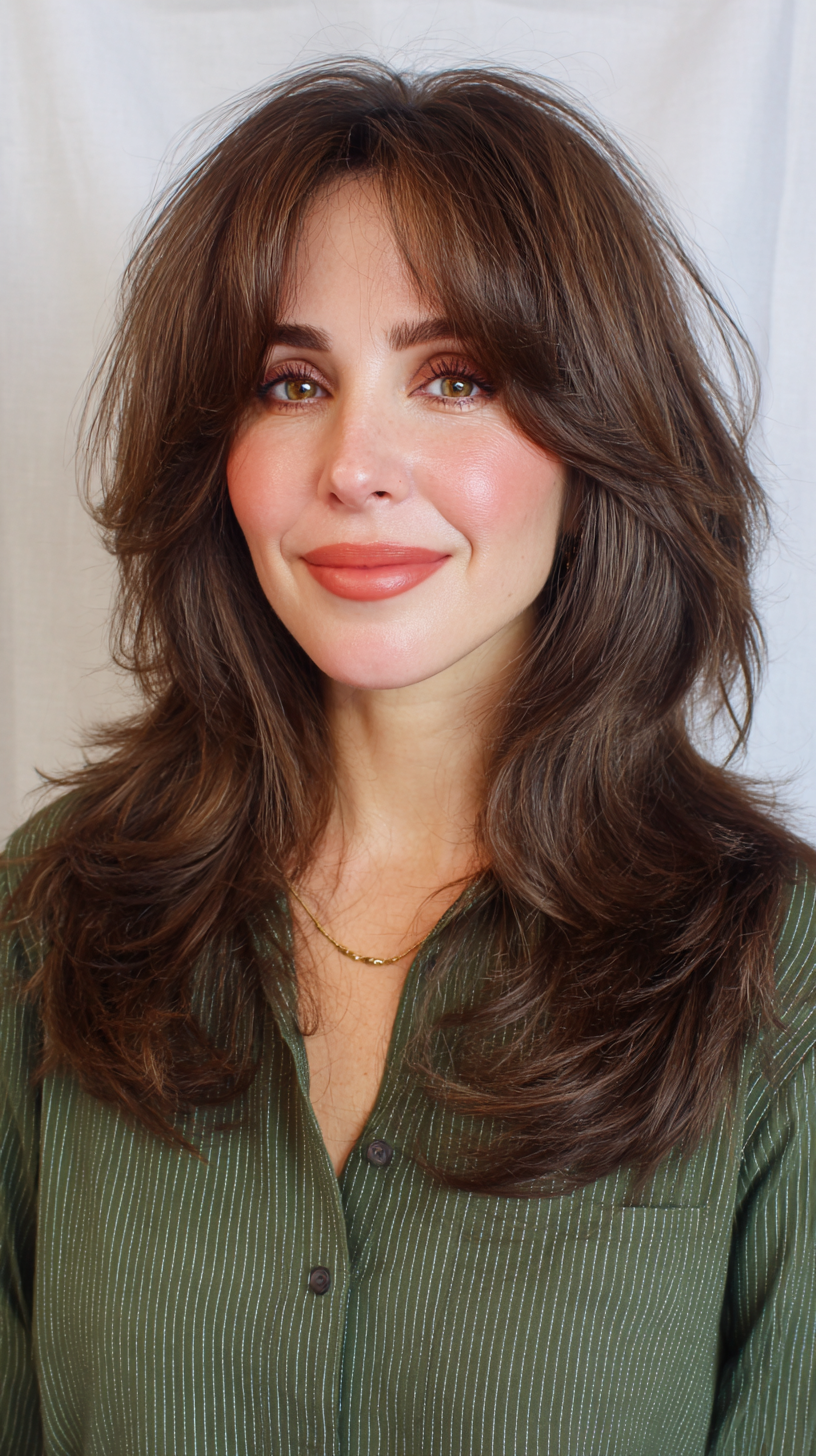 Textured Chocolate Layered Cut with Soft Bangs