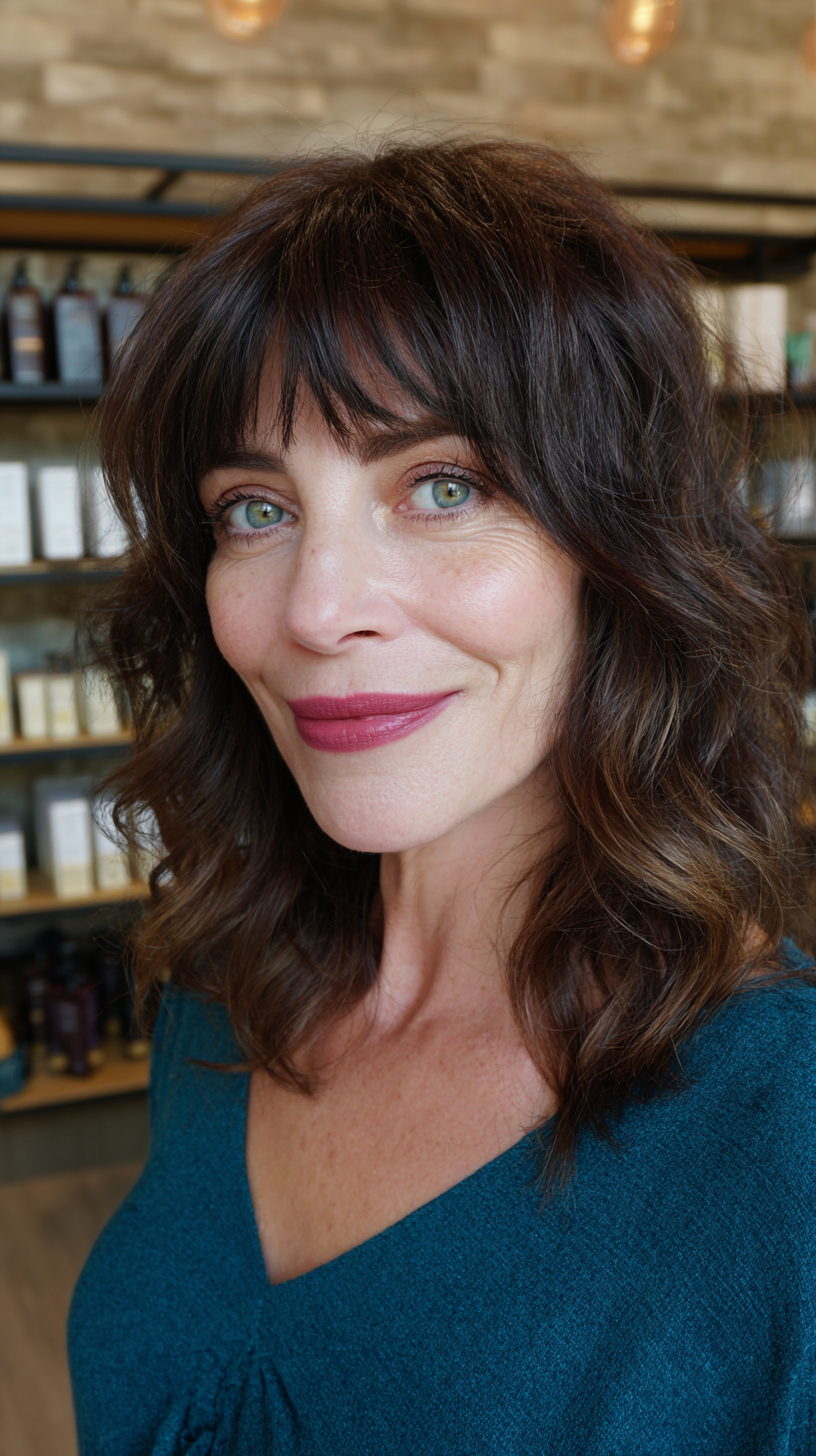 Textured Medium Length Layers with Soft Face-Framing Bangs