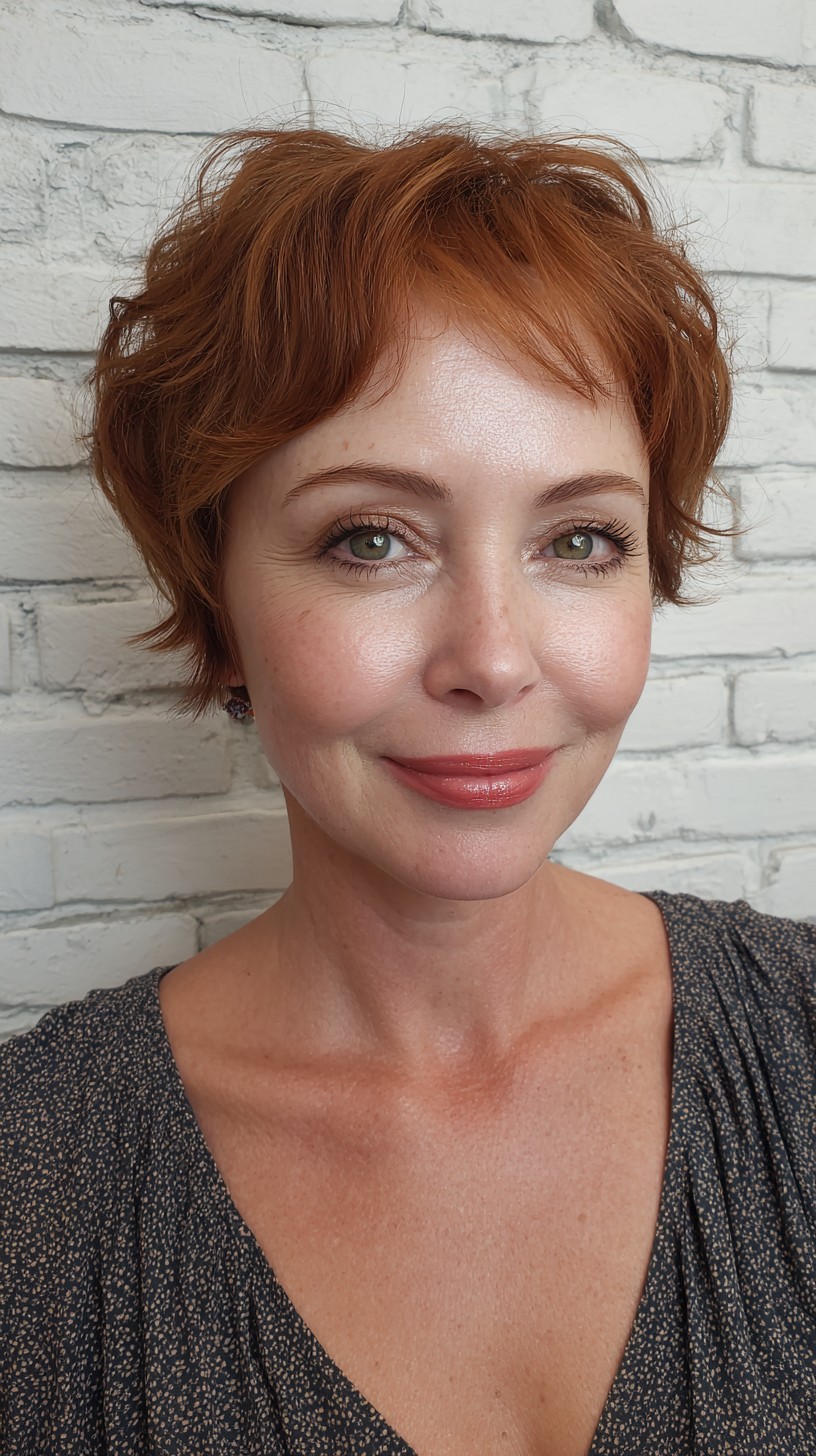 Vibrant Copper Curled Pixie with Natural Highlights