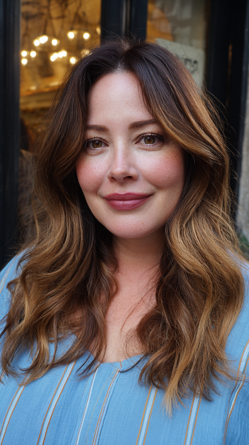 Warm Toned Layered Waves with Face-Framing Highlights