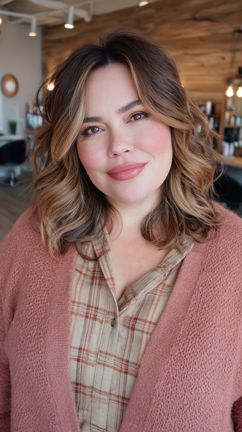 Wavy Chestnut Bob with Blonde Highlights