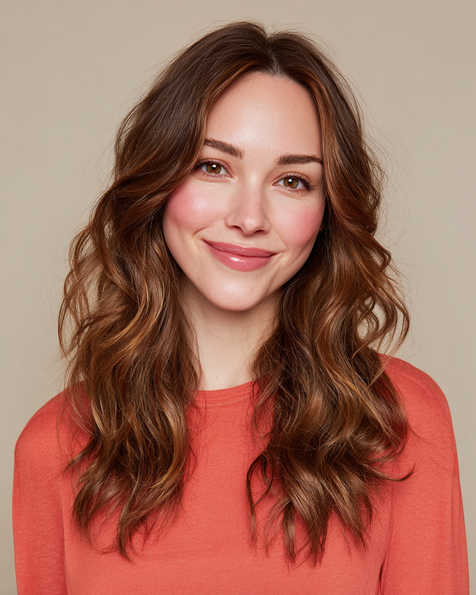 Beautifully Layered Beachy Waves with Warm Chestnut Tones
