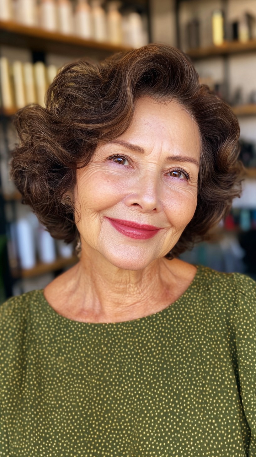 Charming Chestnut Curly Bob with Face-Framing Waves