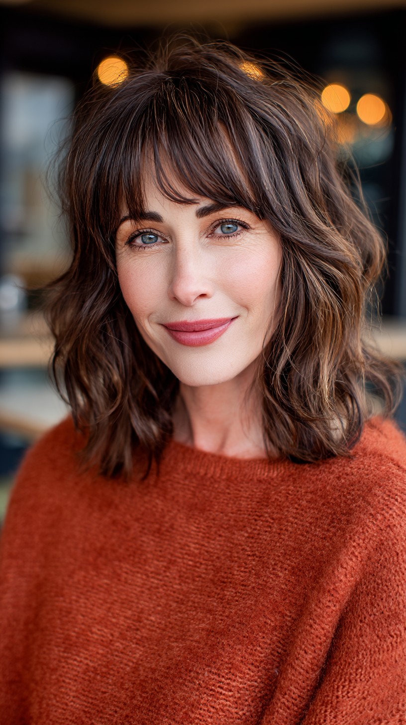 Chic Chestnut Waves with Bangs