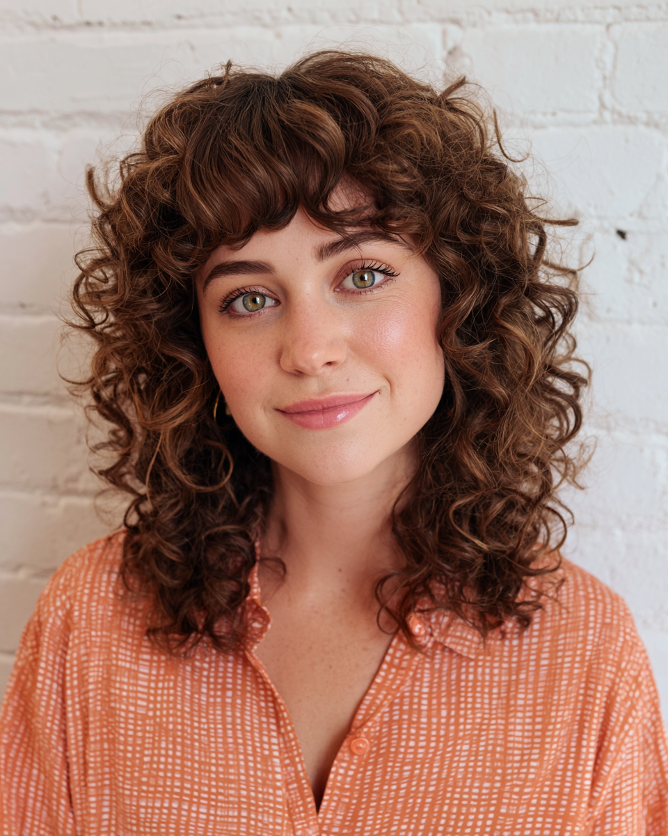Chic Curly Lob with Playful Bangs