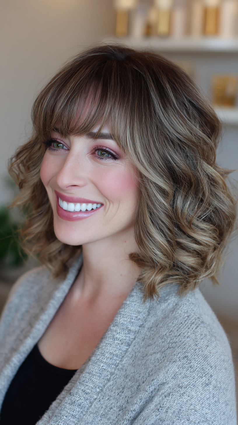 Chic Layered Curly Bob with Bangs