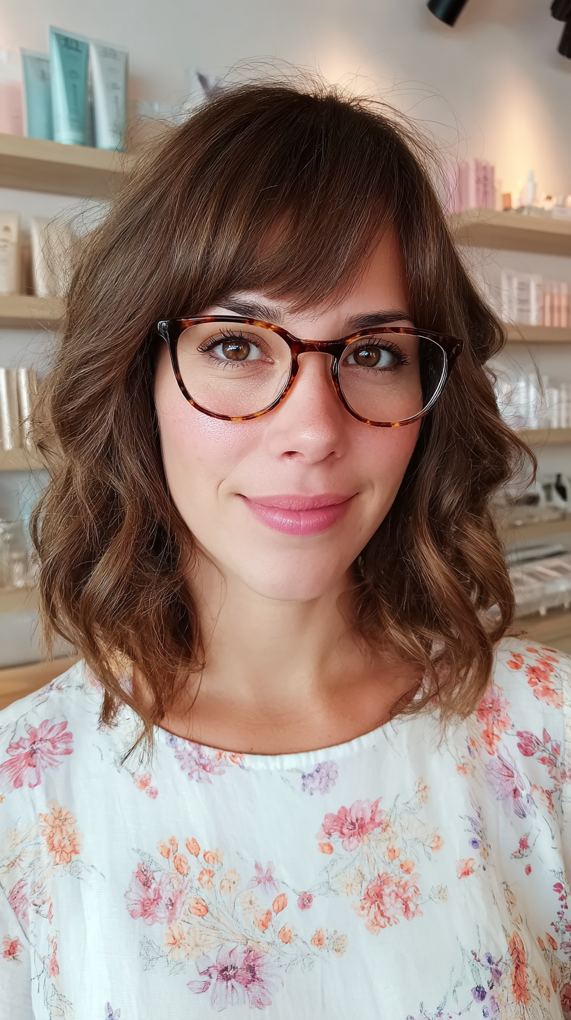 Chic Shoulder-Length Cut with Soft Curls and Bangs