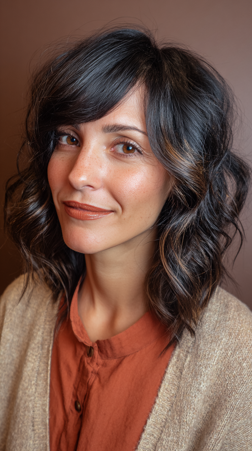 Chic Softly Layered Curls with Textured Bangs