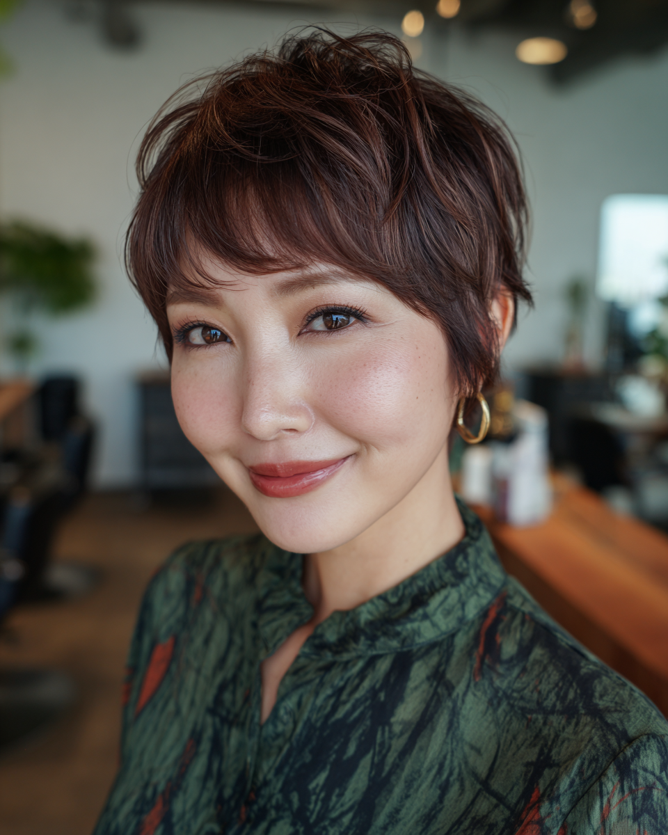 Chic Textured Pixie Cut with Rich Auburn Undertones