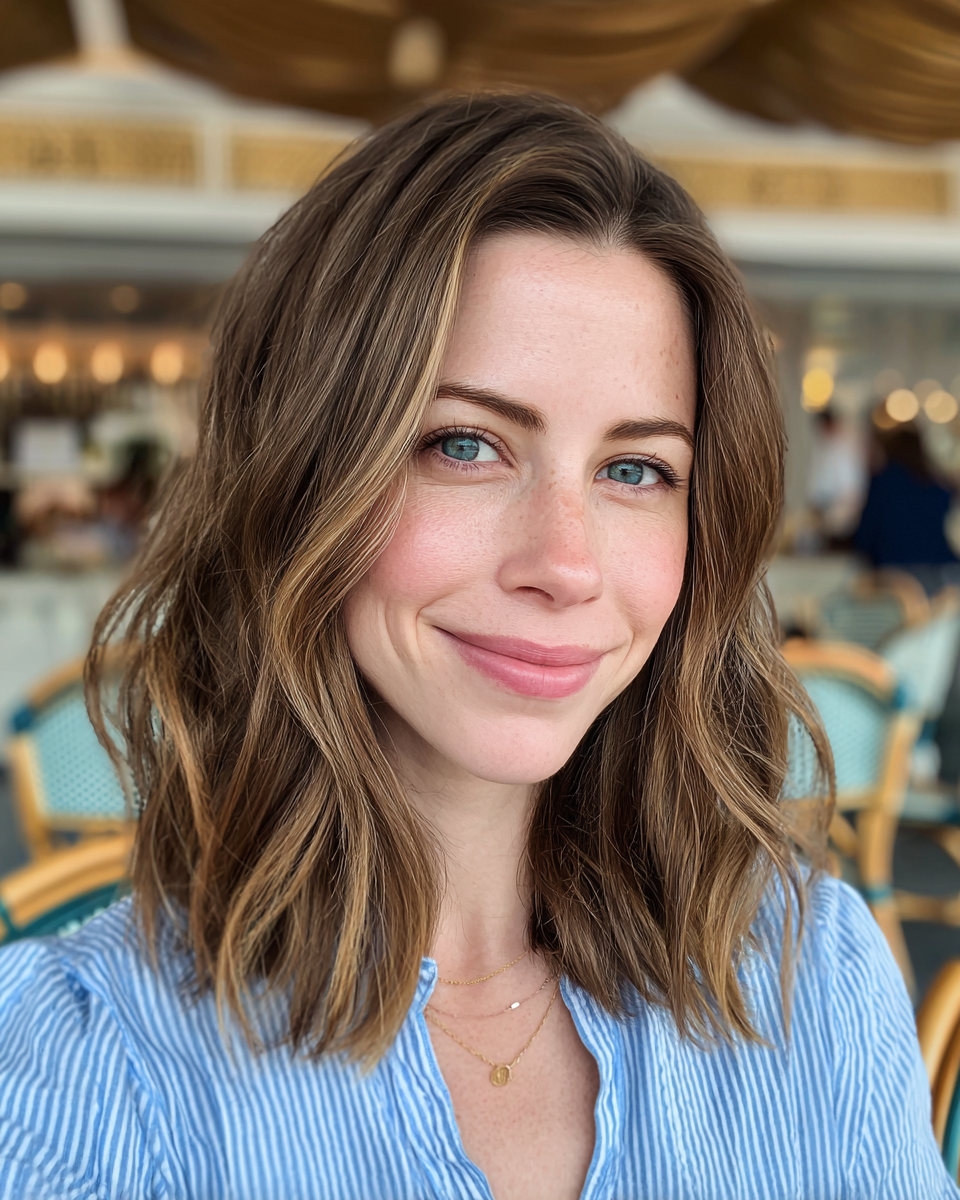 Effortless Mid-Length Wavy Cut with Subtle Highlights