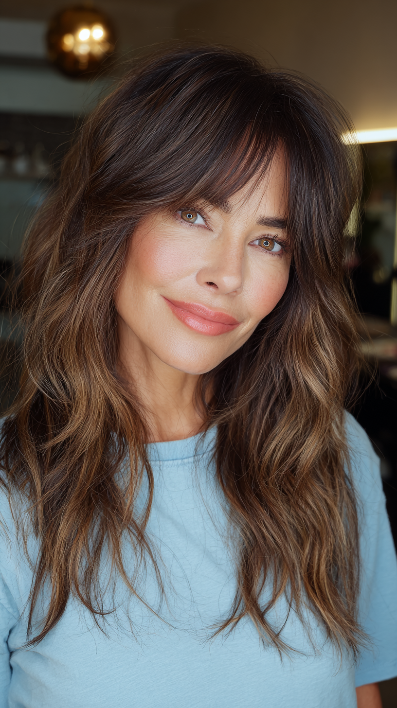 Effortlessly Chic Shaggy Layers with Soft Bangs