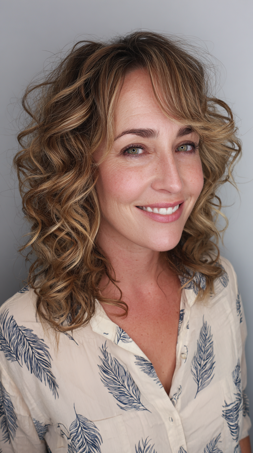 Elegant Curly Shoulder-Length Cut with Soft Bangs