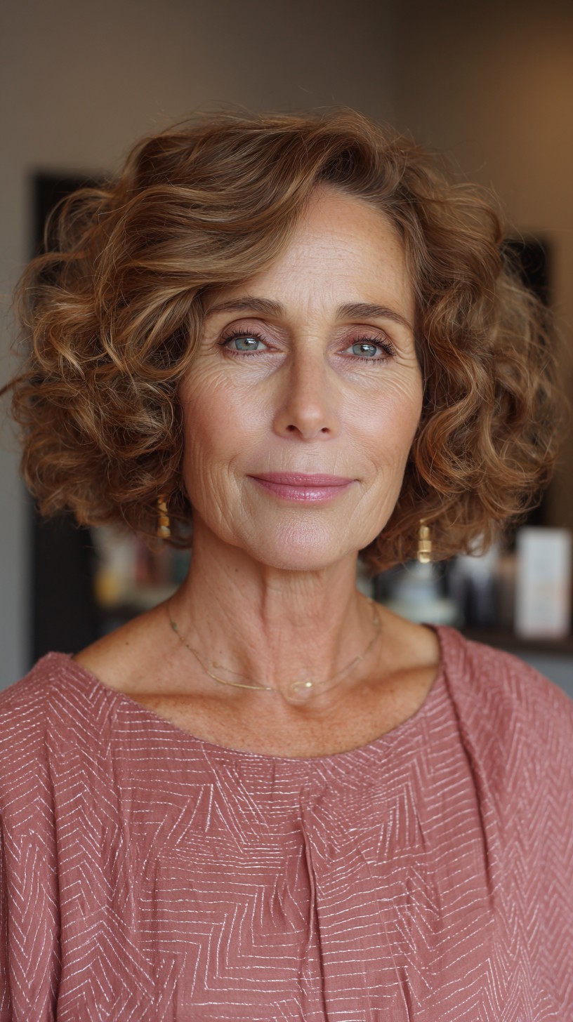Golden Caramel Curly Bob for Mature Elegance