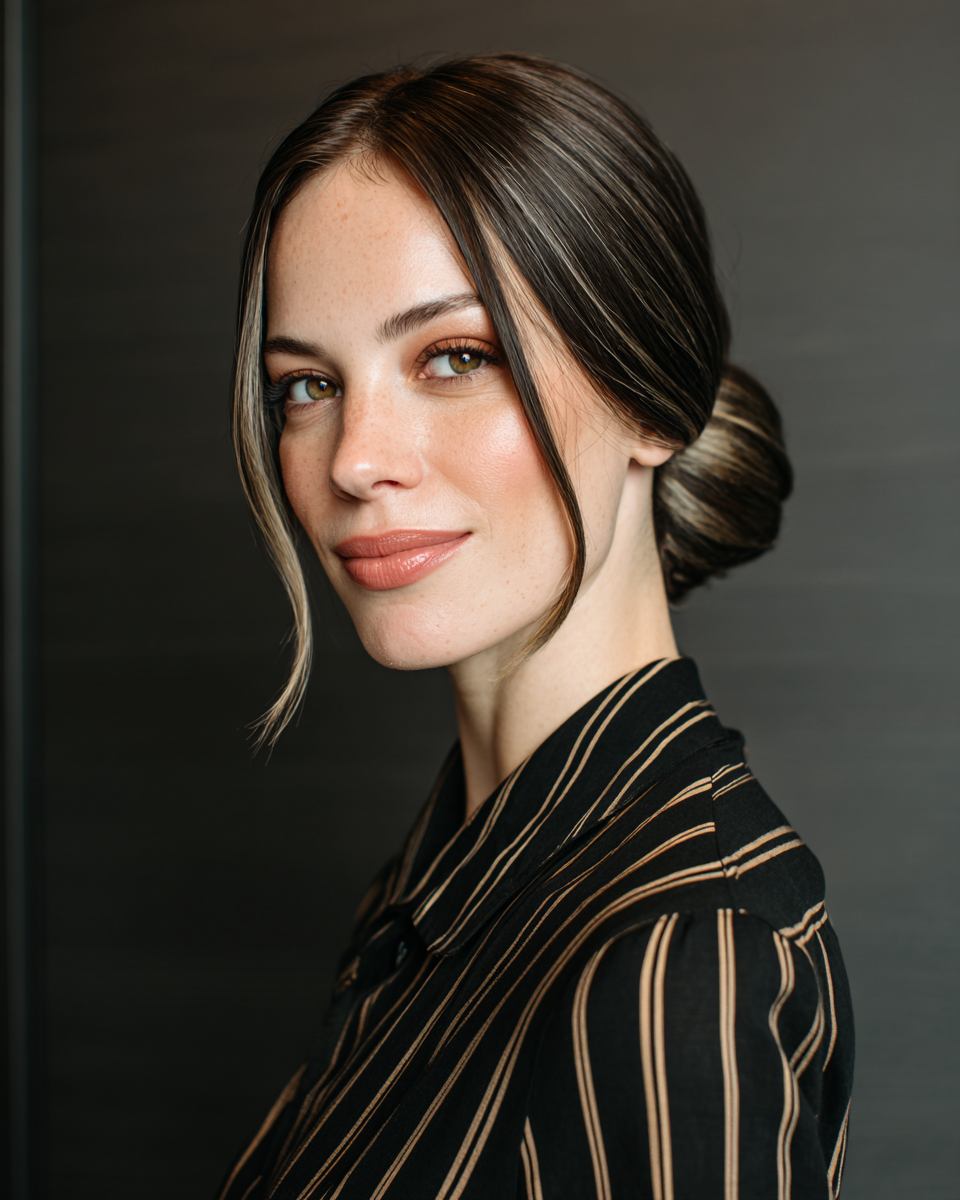 Sleek Low Chignon with Face-Framing Tendrils