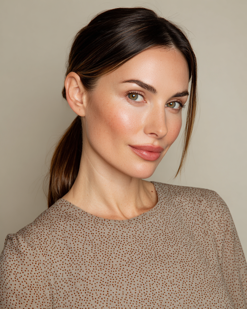 Sleek Low Ponytail with Subtle Face-Framing Layers