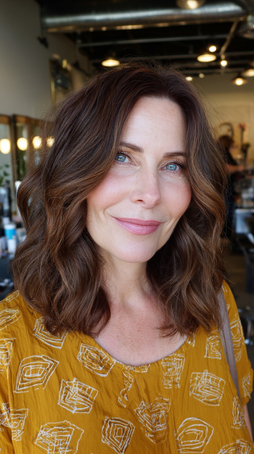 Soft Chestnut Curls with Face-Framing Layers