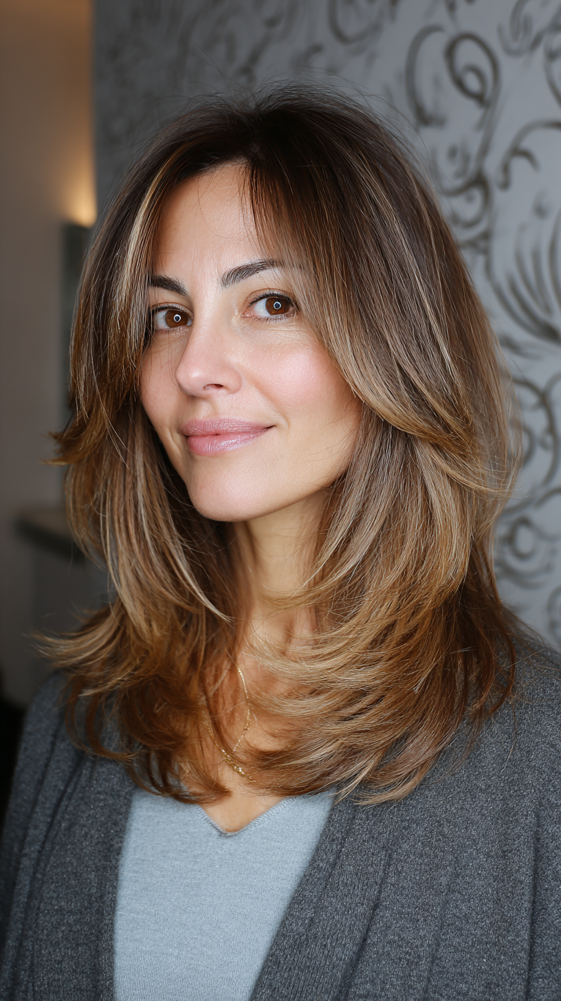Softly Layered Warm Brown Cut with Subtle Highlights