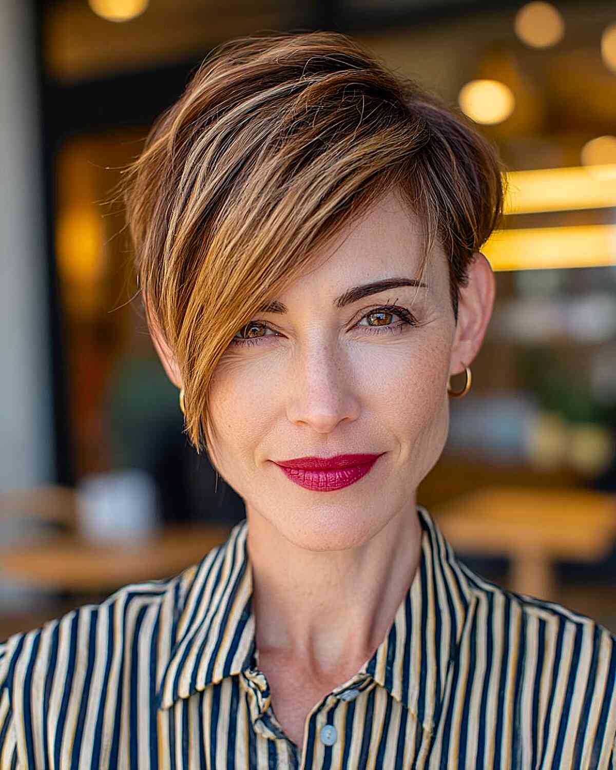 Stylish Asymmetrical Pixie Cut with Warm Highlights