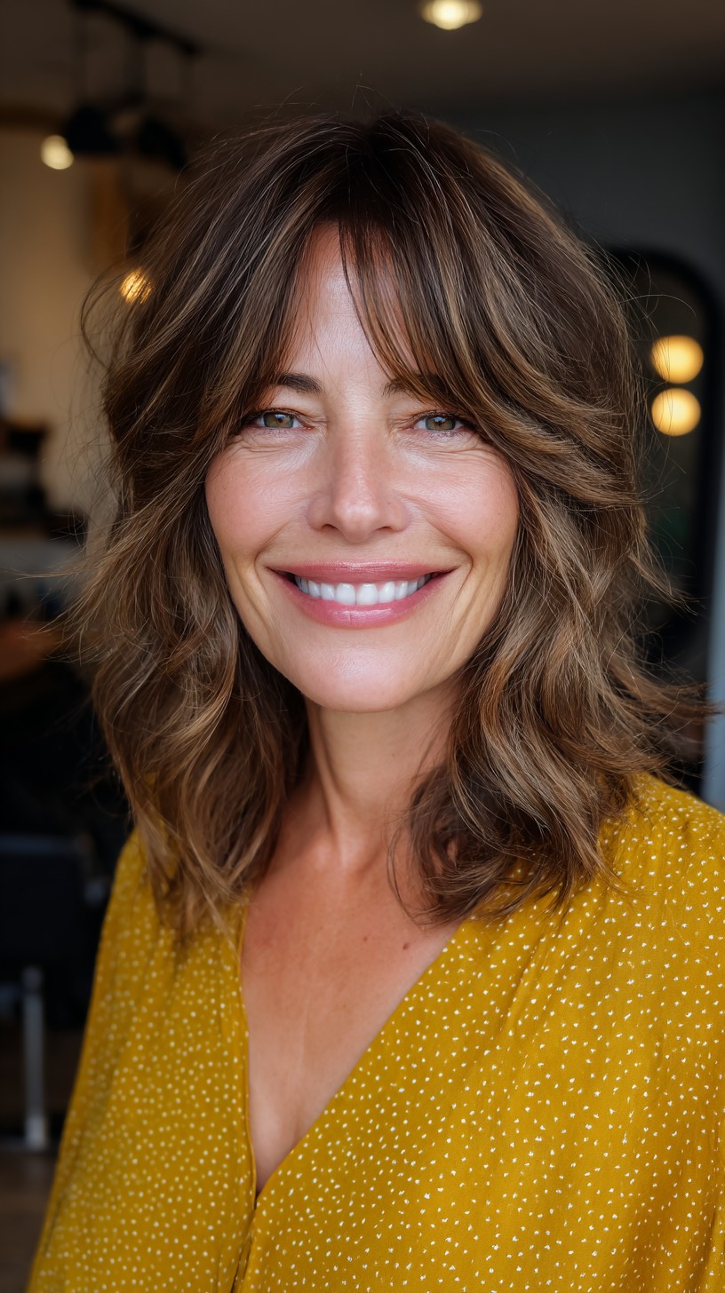 Sunkissed-Beige Wavy Bob with Textured Fringe
