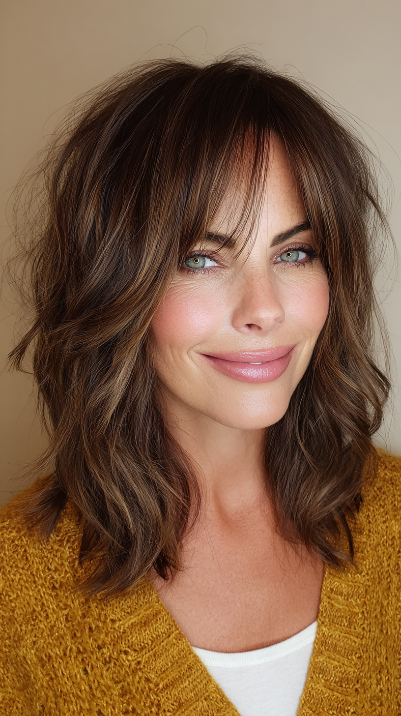 Textured Brunette Shag with Wispy Bangs