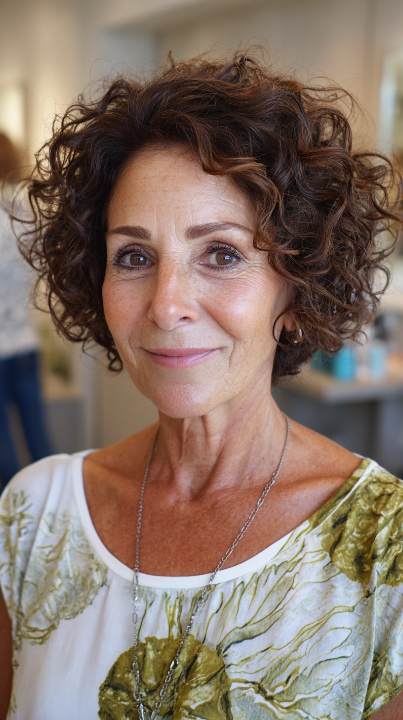 Textured Chocolate Curly Bob with Natural Highlights