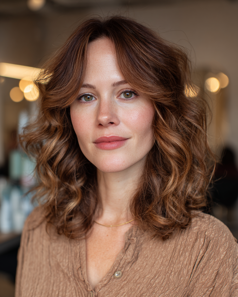 Textured Shoulder-Length Curls with Warm Chestnut Highlights