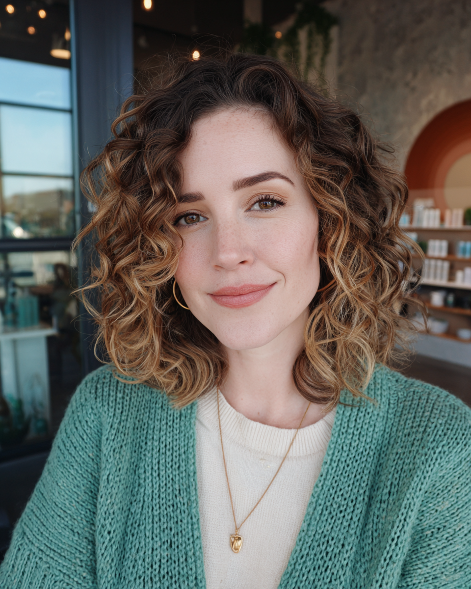 Textured Shoulder-Length Curly Cut with Subtle Highlights