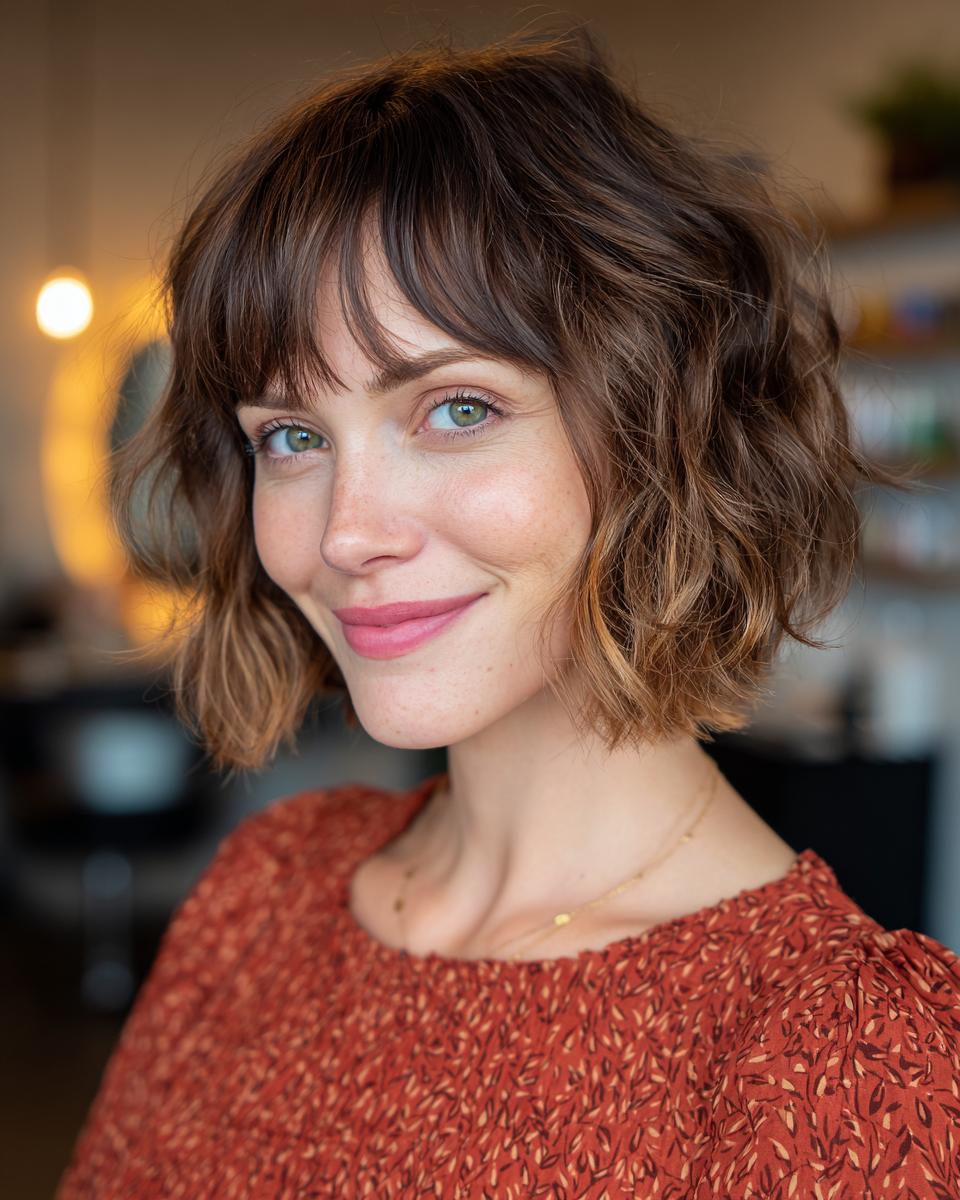 Textured Wavy Bob with Face-Framing Bangs
