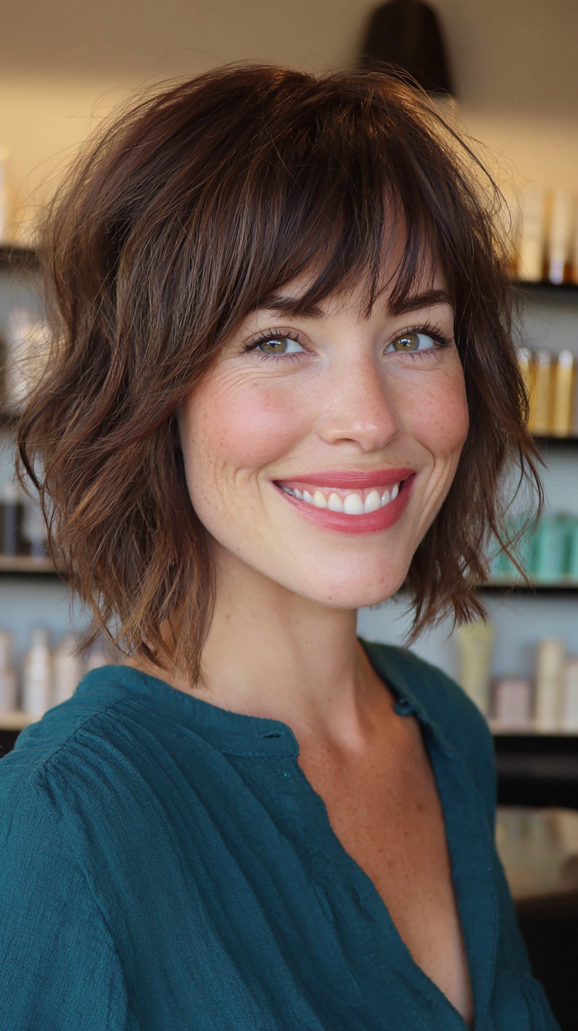 Textured Wavy Bob with Soft Fringe