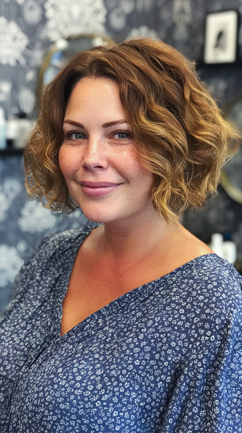 Textured Wavy Bob with Soft Golden Highlights