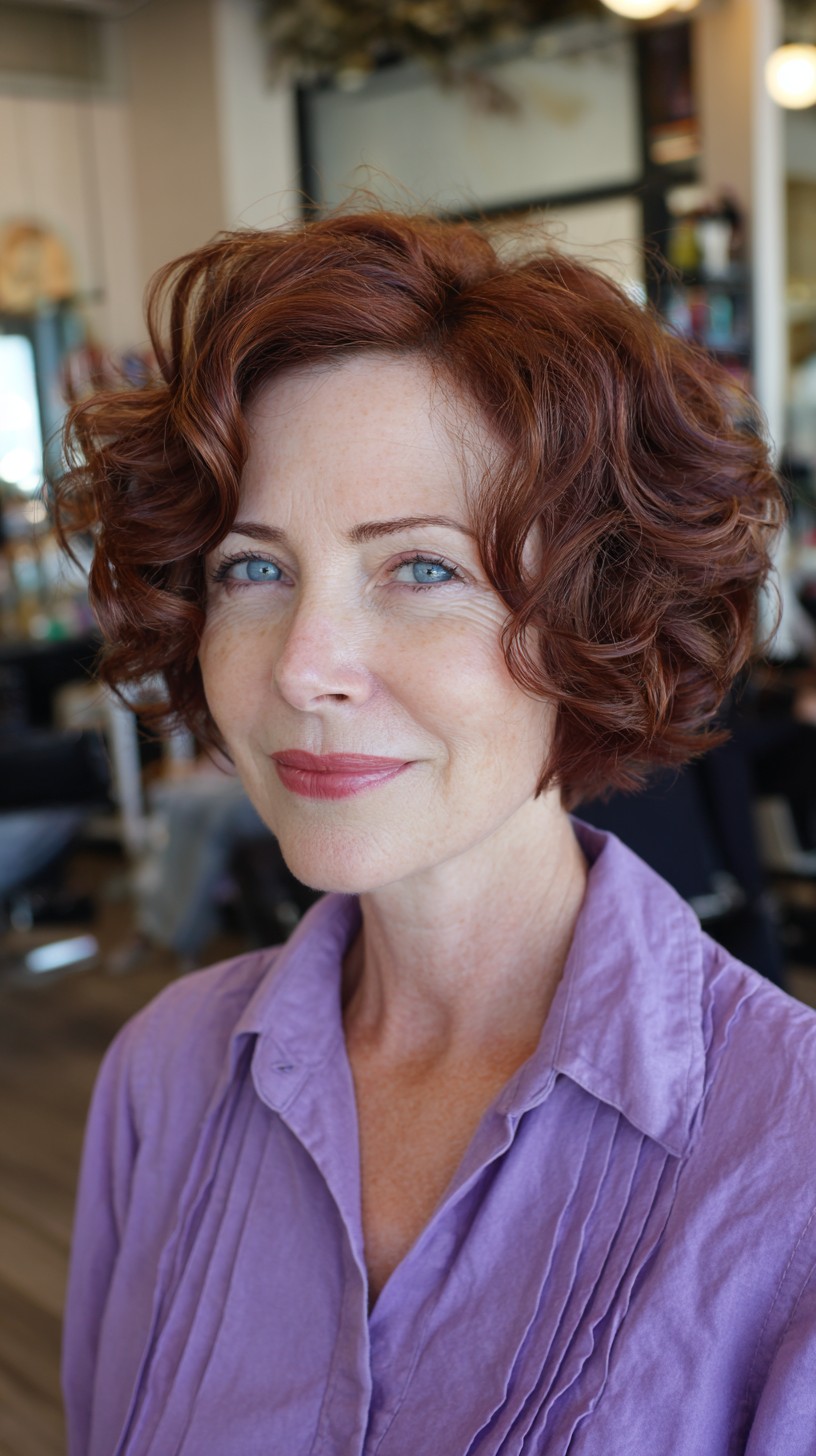 Vibrant Ruby Red Curled Bob with Side Sweep