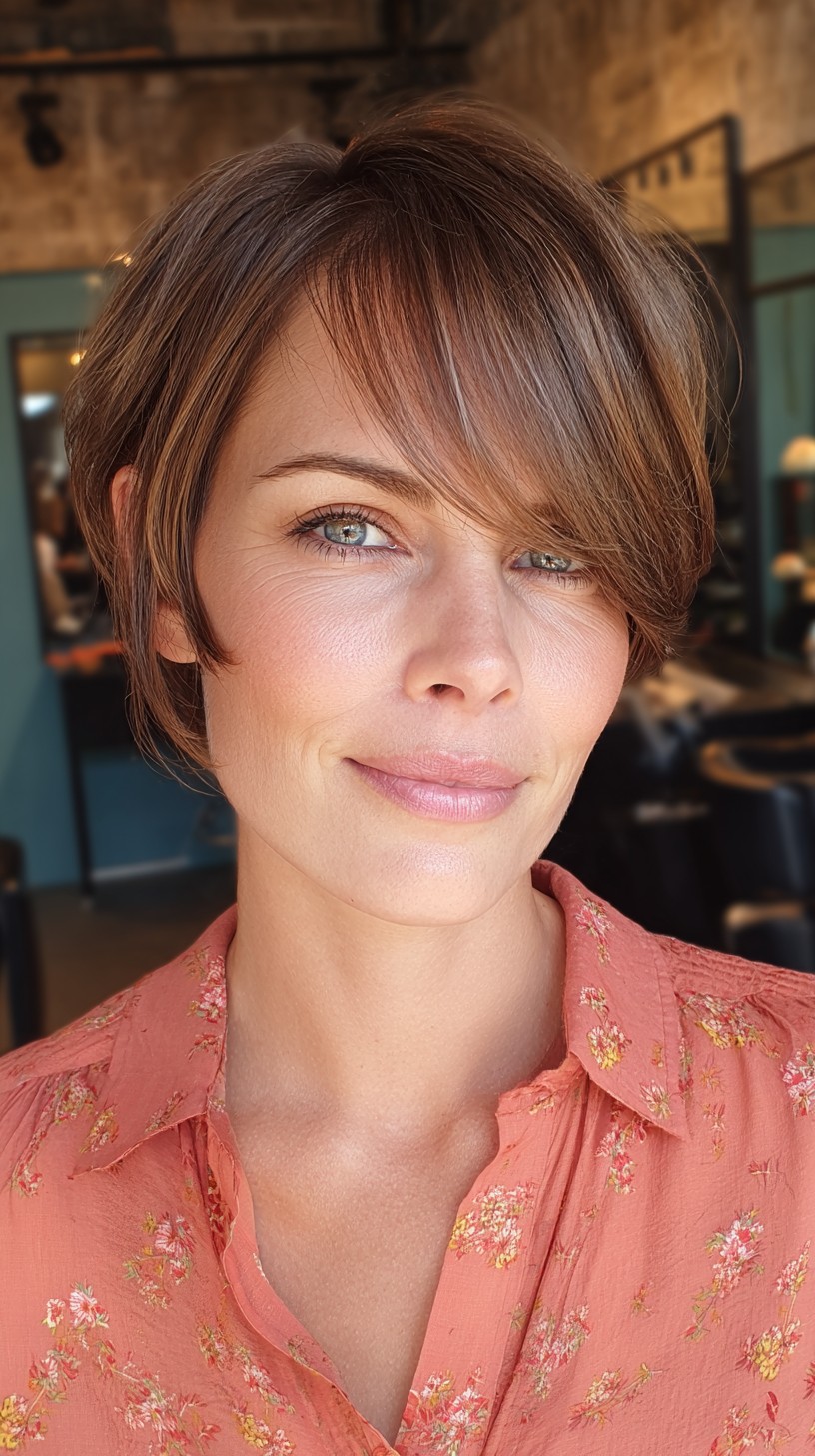 Alluring Brunette Soft Bangs with Shaped Nape