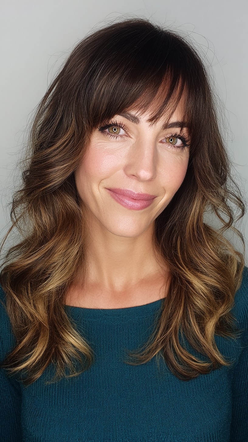 Cascading Brunette Waves with Side-Swept Bangs