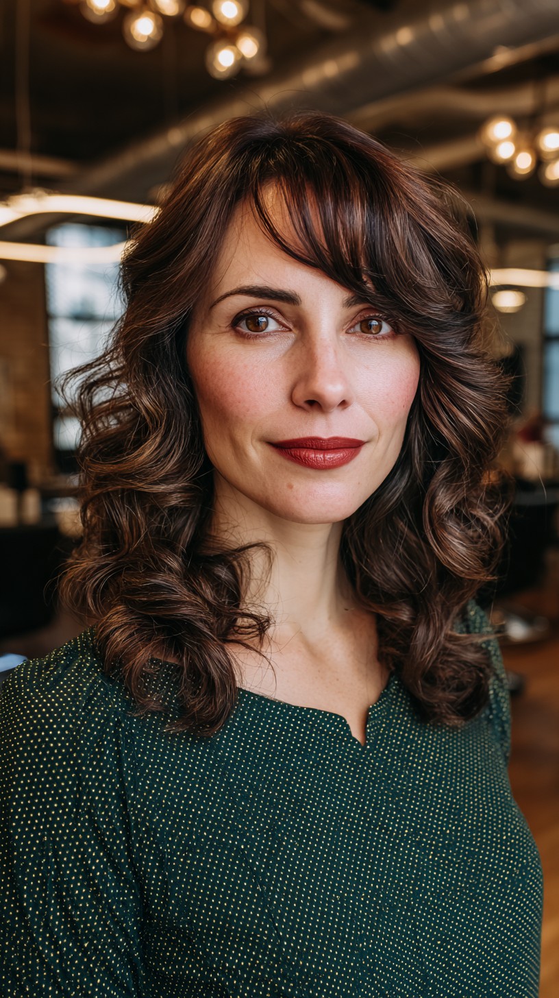 Cascading Chestnut Curls with Sweeping Bangs