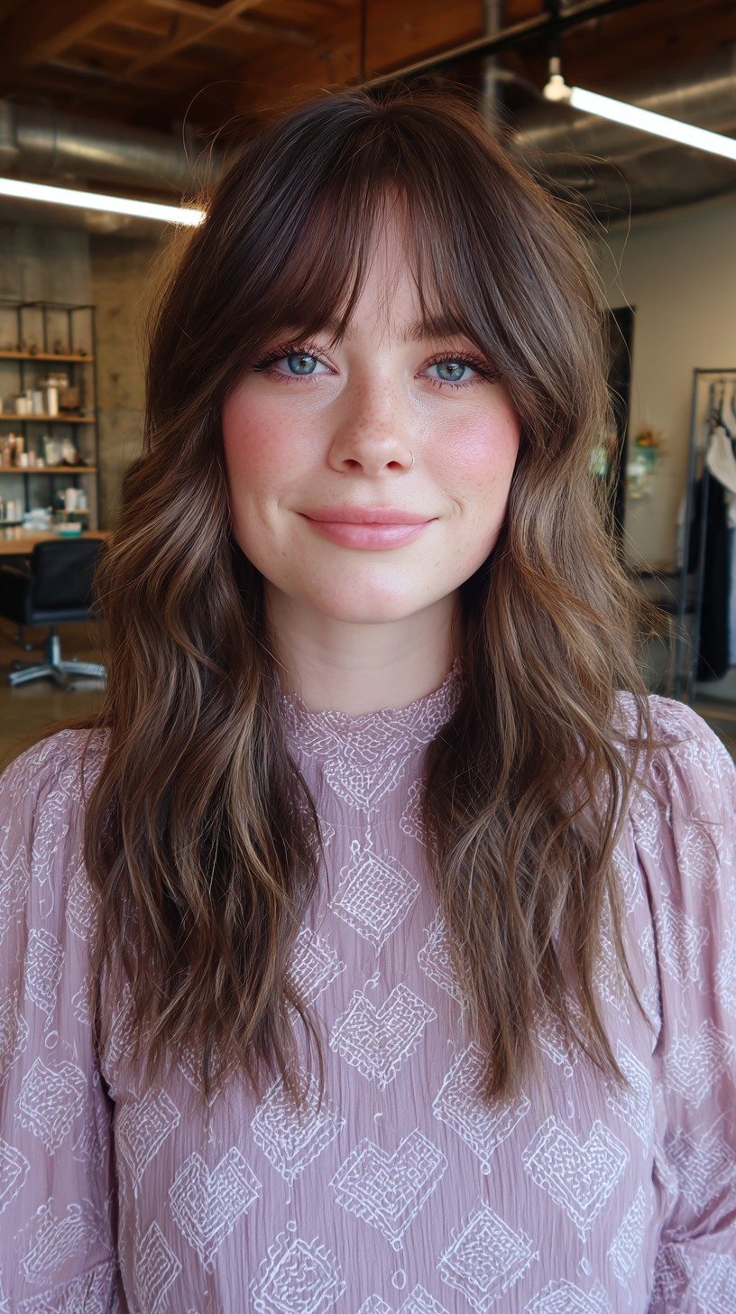 Charming Chocolate Waves with Feathered Bangs