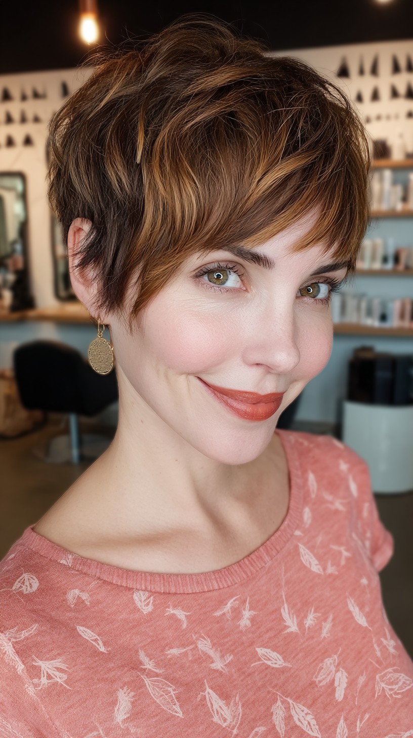 Chic Caramel-Toned Pixie with Feathered Texture