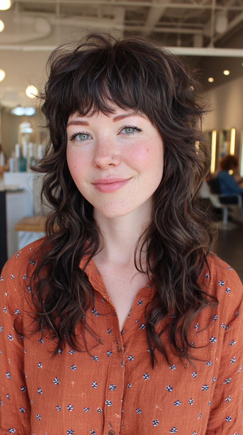 Chic Chestnut Wavy Mullet with Textured Bangs