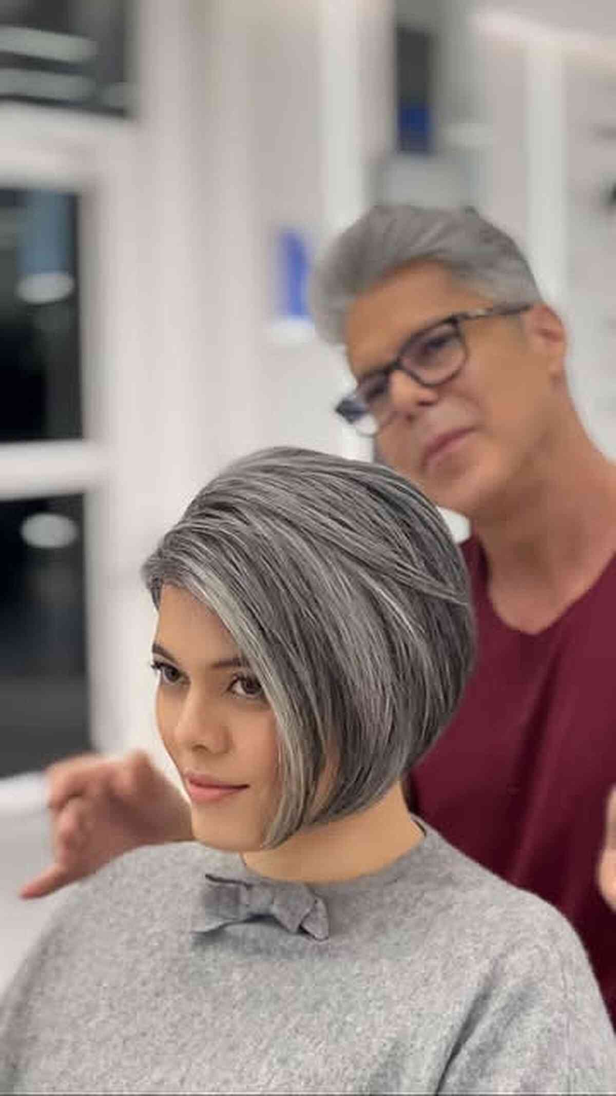 Chic Stacked Angled Bob with Gray Blending