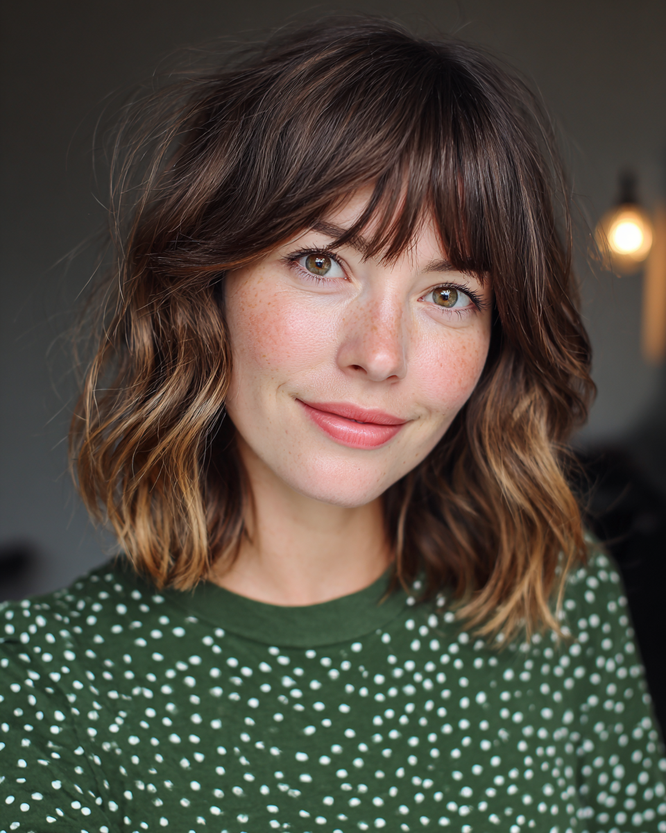 Chic Textured Wavy Lob with Face-Framing Bangs