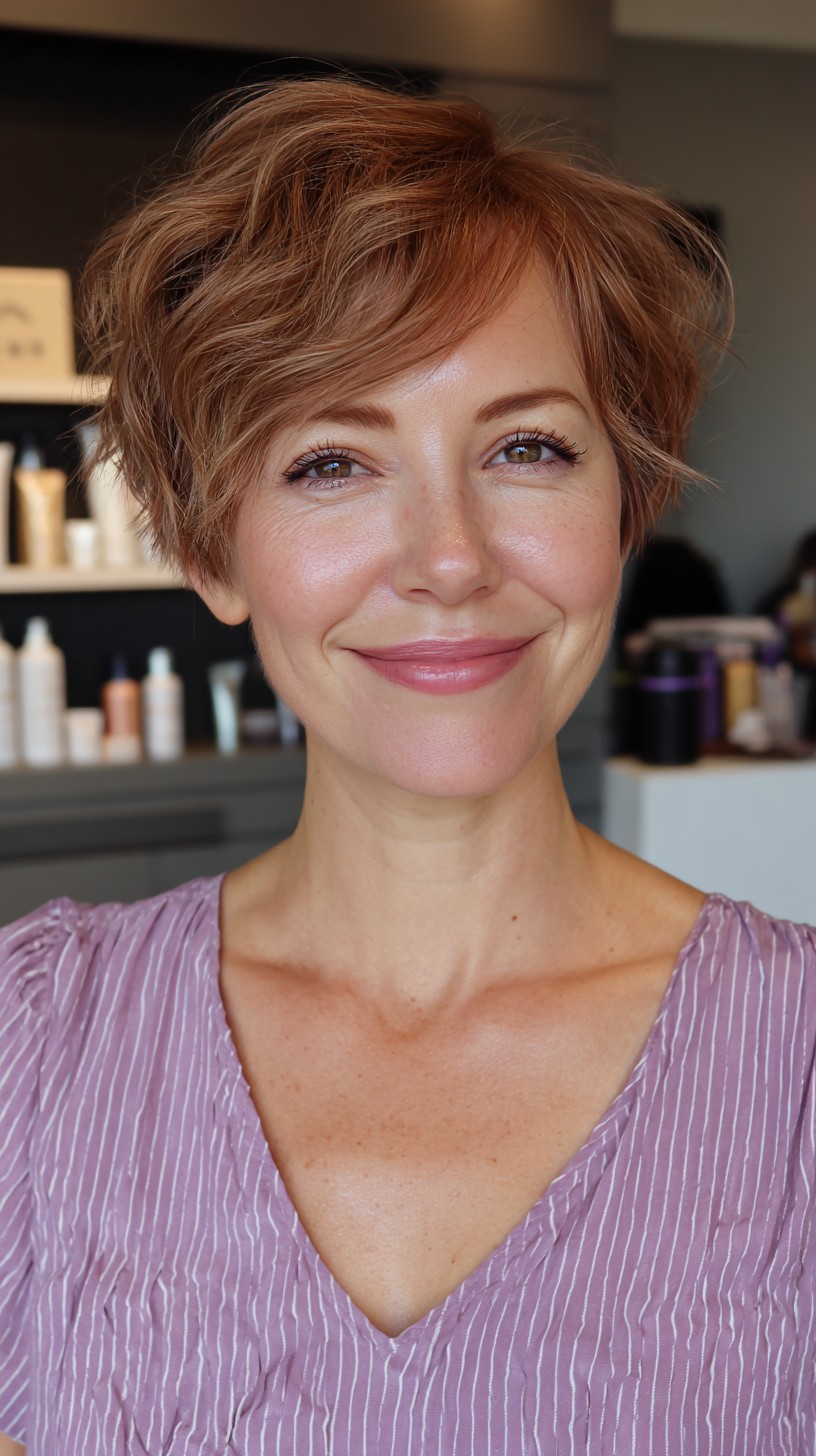 Copper-Toned Wavy Pixie with Textured Layers