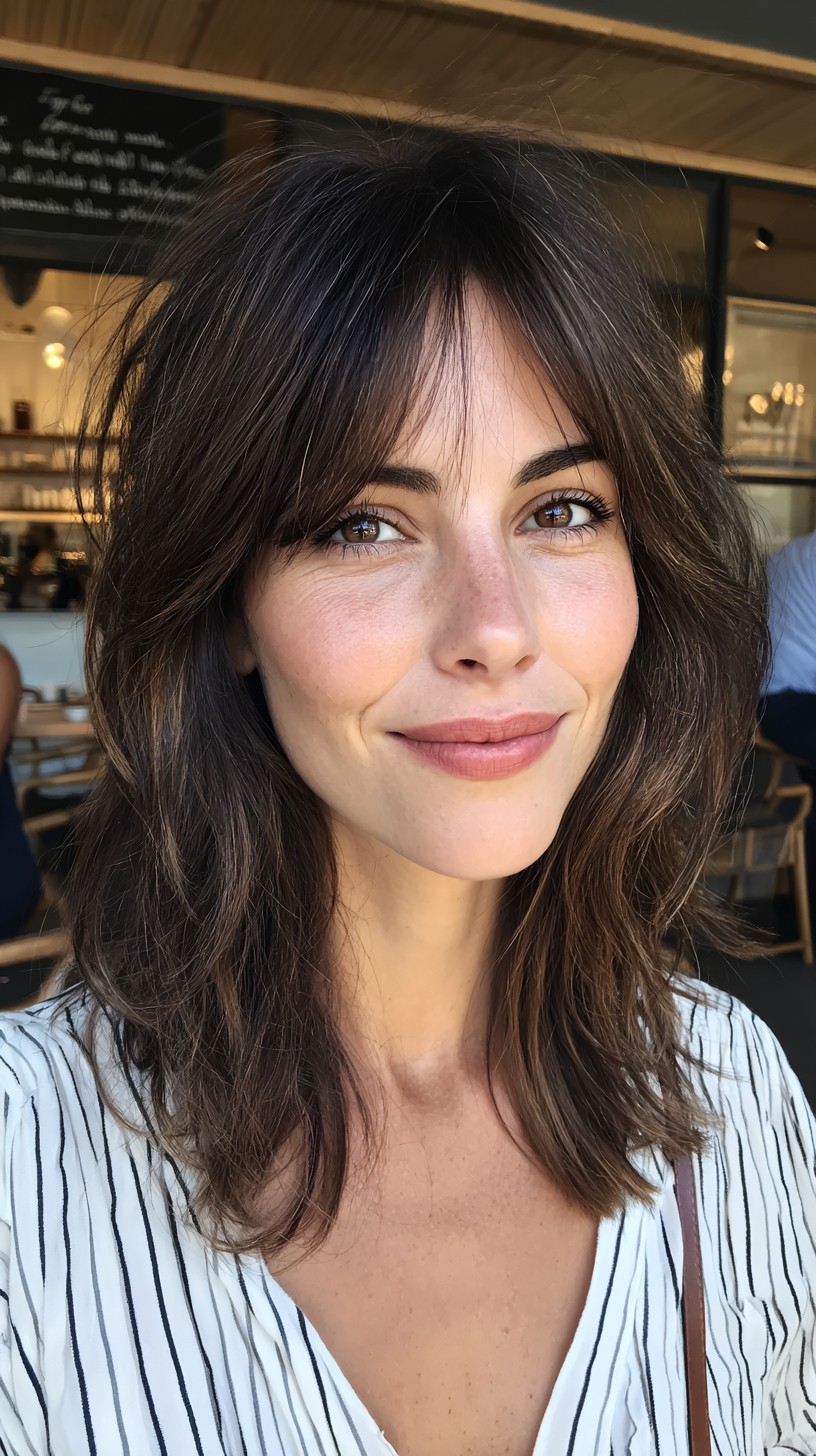 Effortless Brunette Shag with Soft Bangs