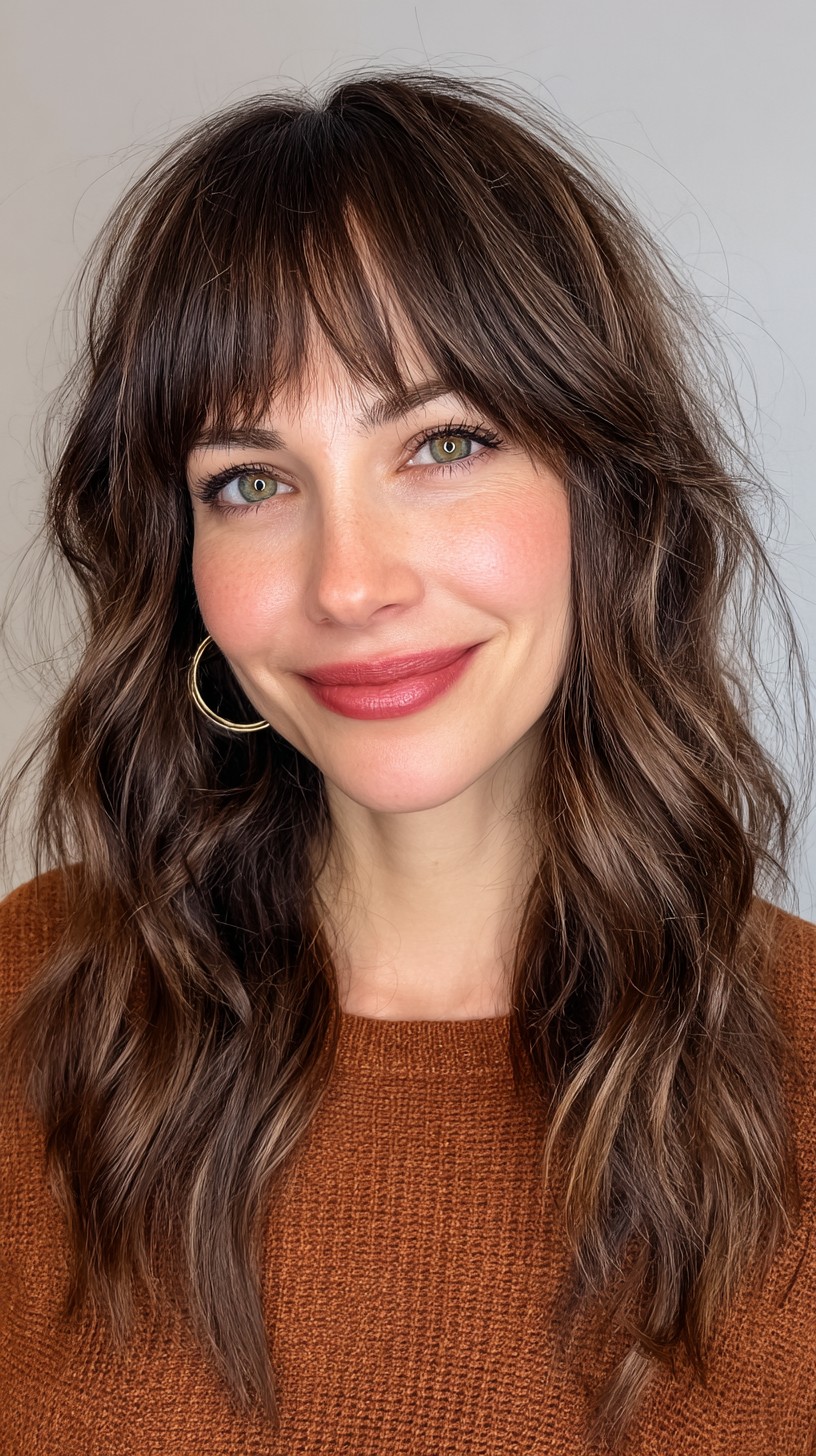 Effortless Chestnut Waves with Wispy Bangs