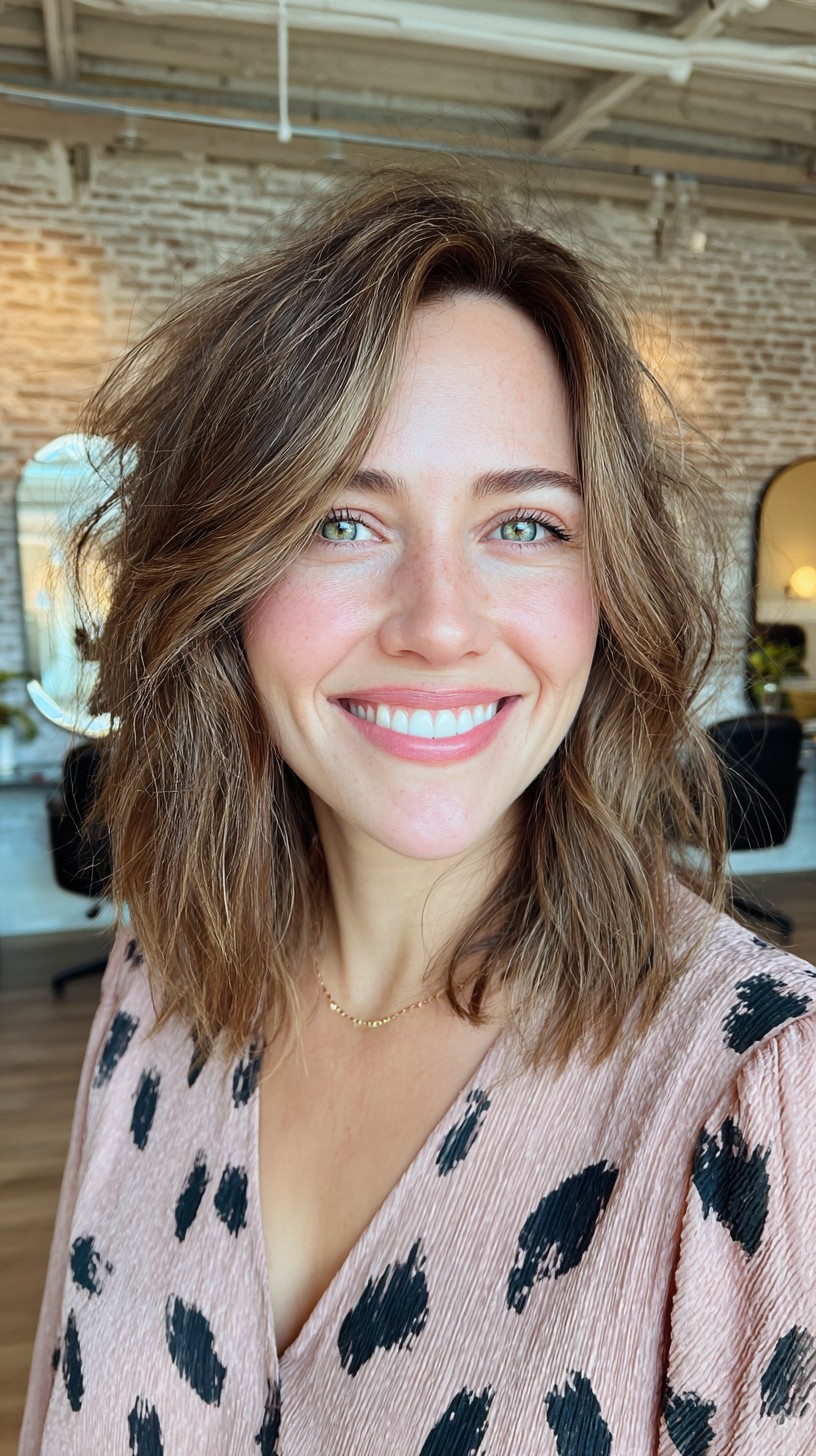 Effortless Medium-Length Wavy Shag with Soft Highlights