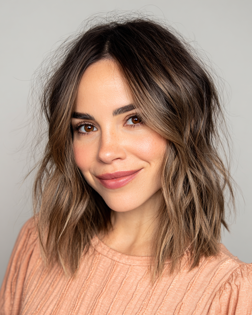 Effortlessly Textured Wavy Lob with Subtle Highlights