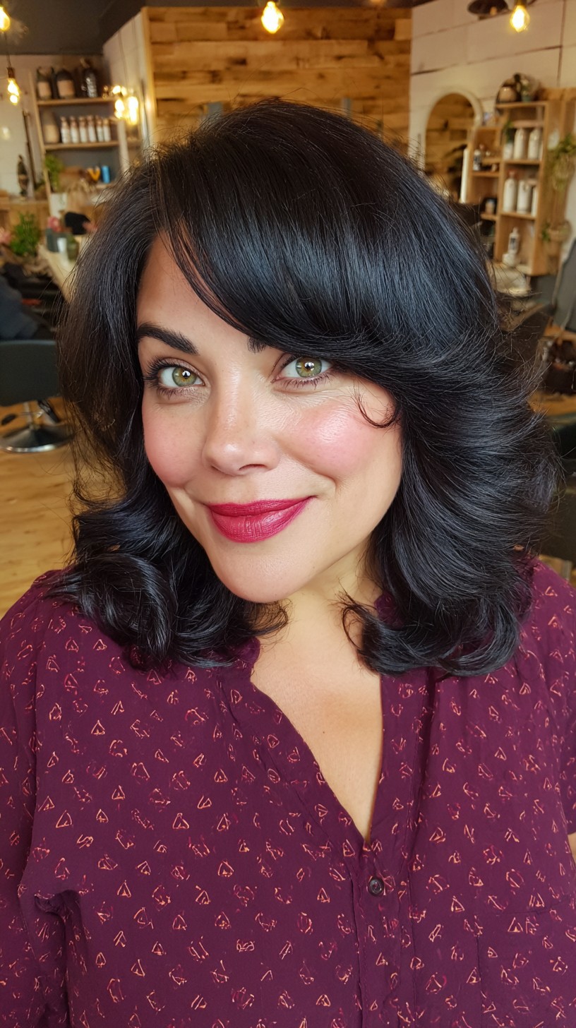 Glossy Ebony Waves with Deep Side Bangs