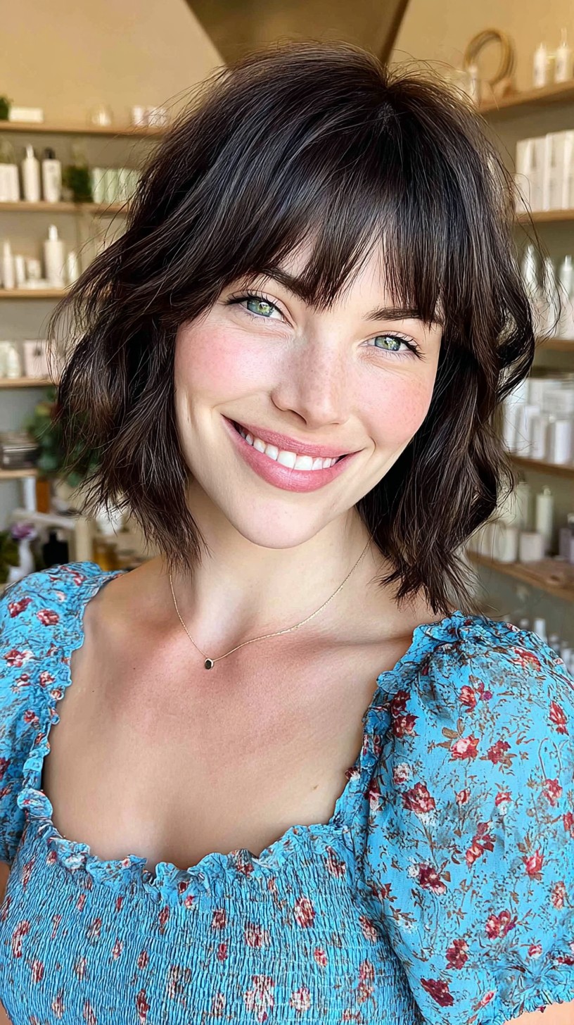 Playful Dark Chocolate Bob with Curly Bangs