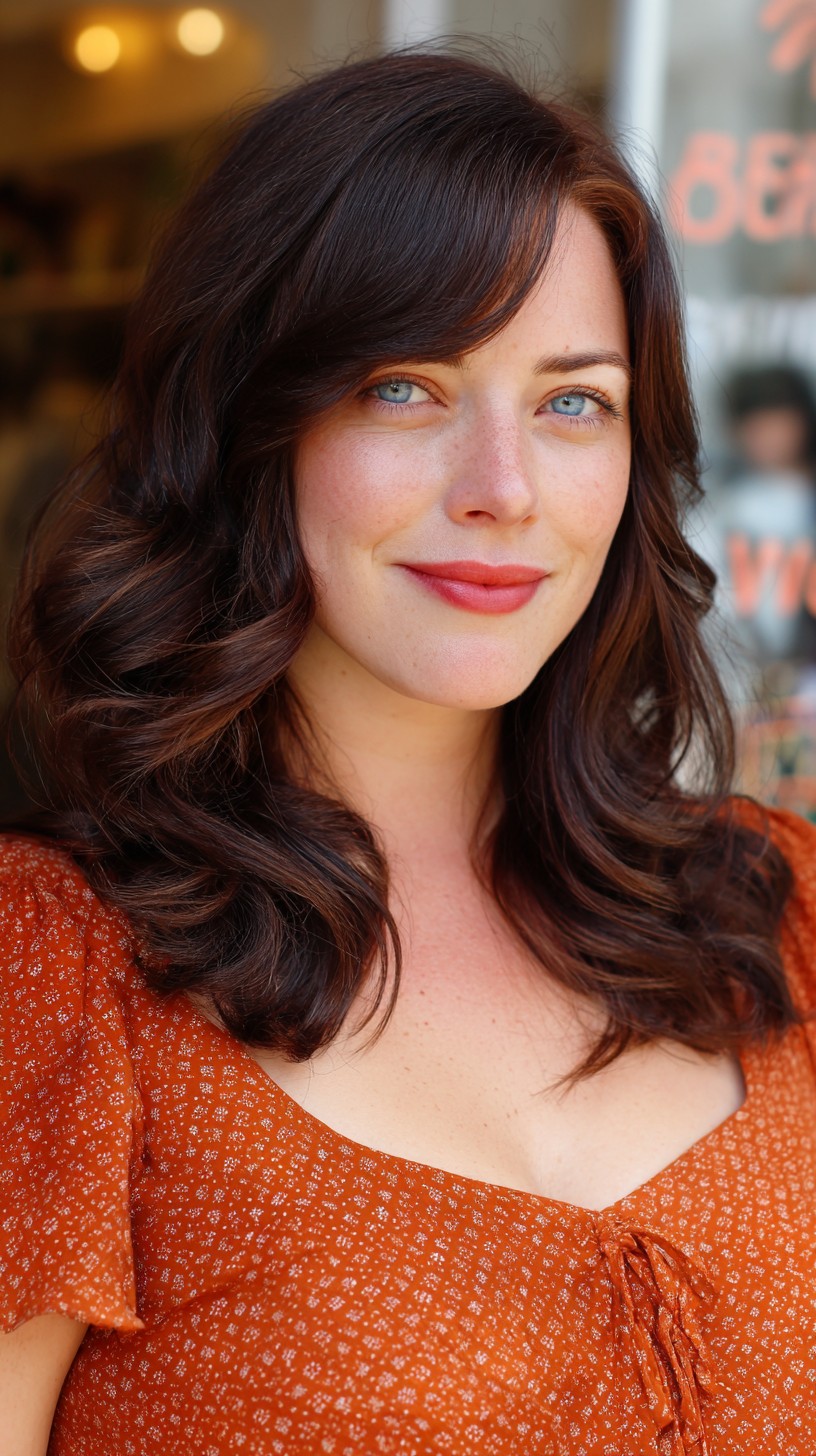 Rich Chestnut Waves with Side-Swept Bangs