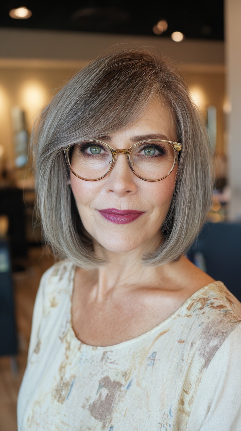 Silver-Gray Feathered Bob with Side Bangs