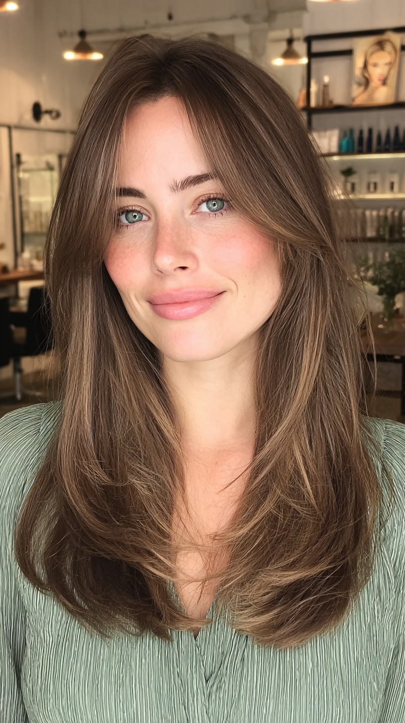 Soft Mocha Balayage with Face-Framing Bangs